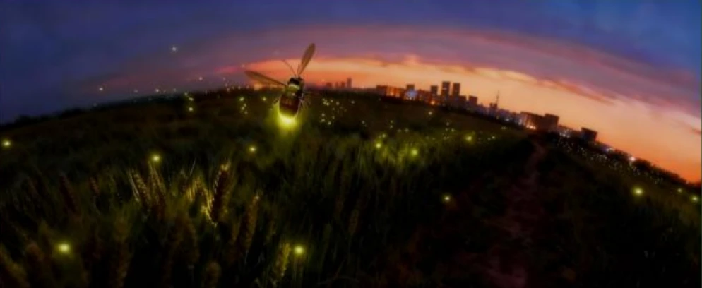 A glowing firefly above a field at sunset.