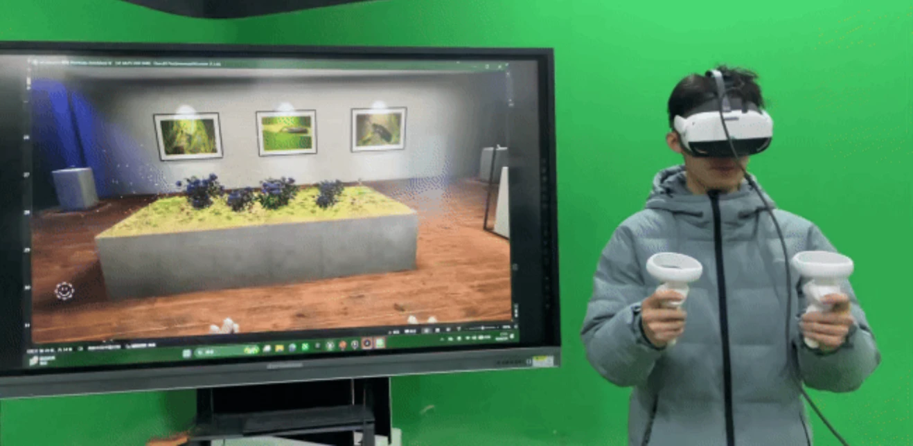 Testing the virtual exhibition with a VR headset and controllers.