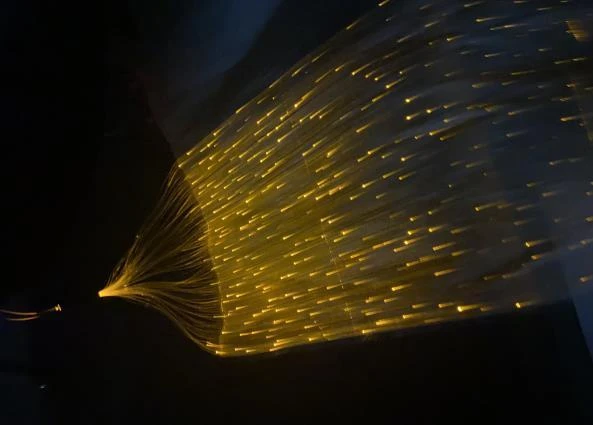 Light travelling through the optical fibers.