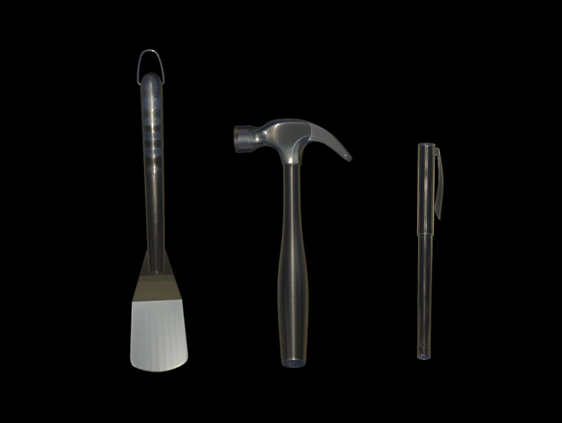 Transparent everyday object models against a black background