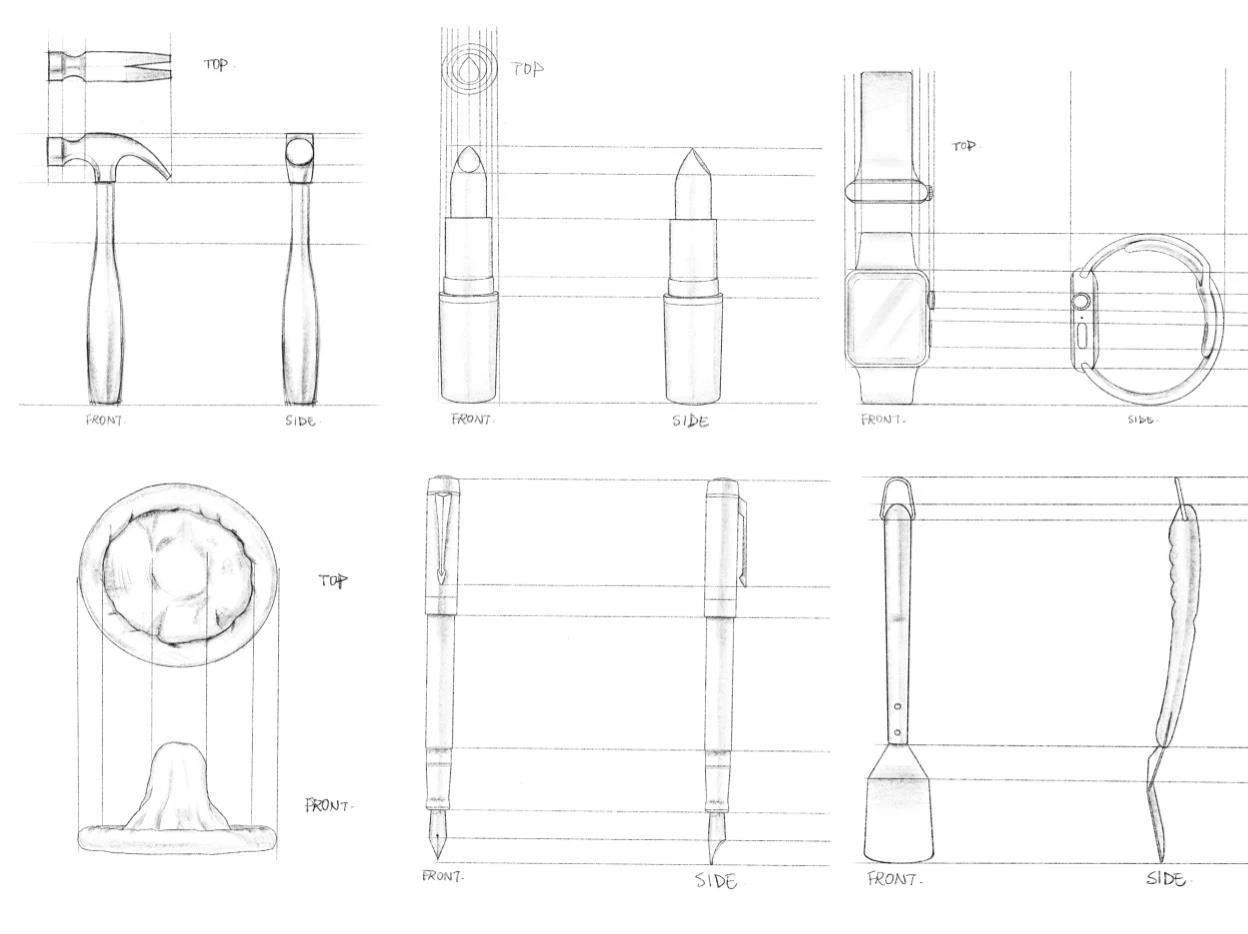 Front, side, and top-view sketches of everyday objects, including a hammer, lipstick, and a cup