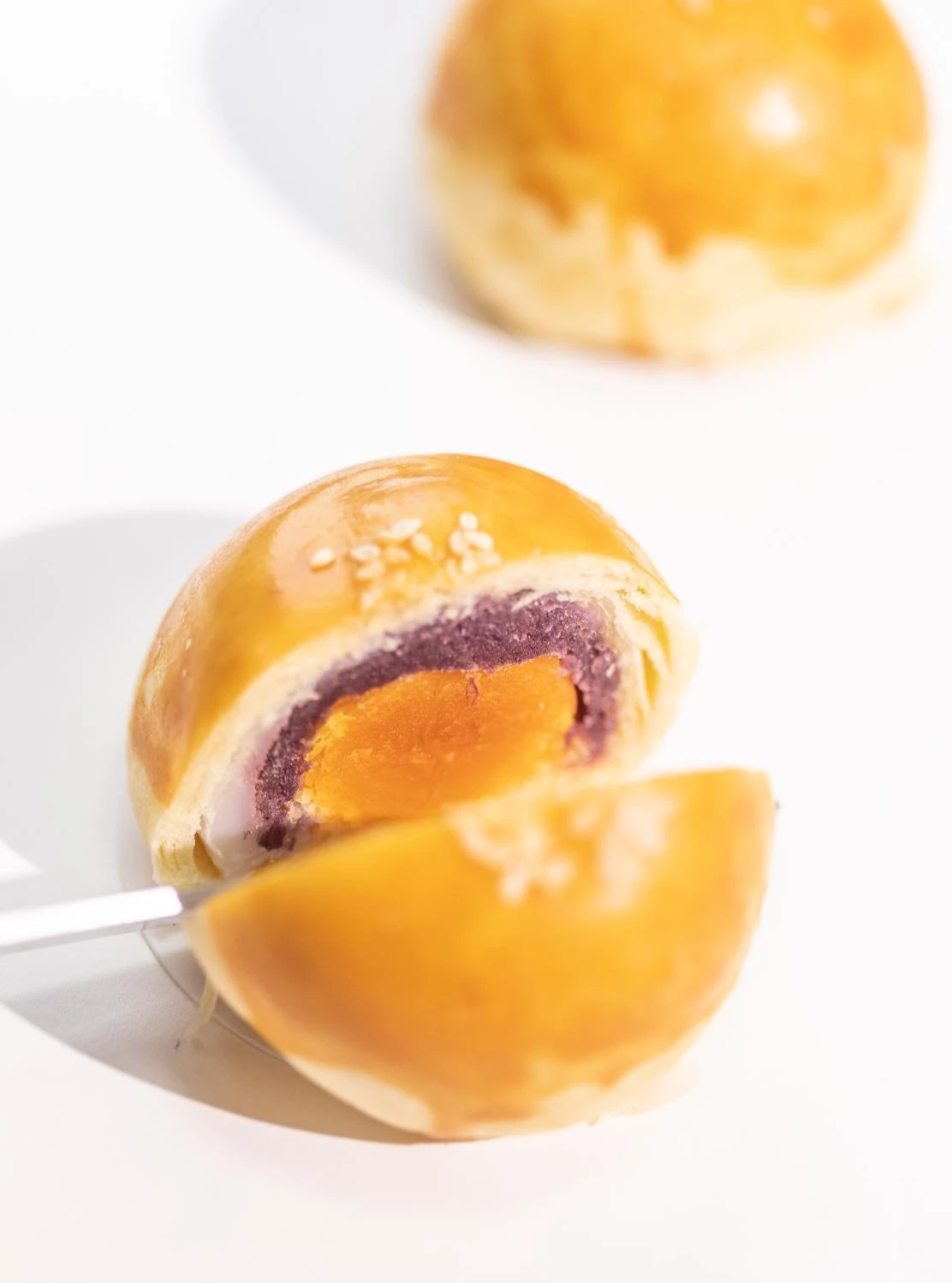 Layers and textures revealed in a pastry cross-section.